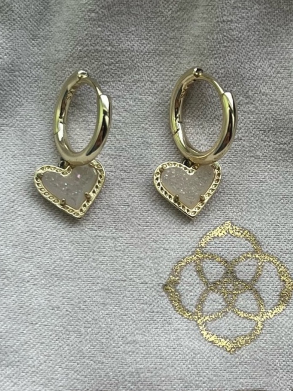 Gold Heart Huggie Earrings with Sparkle Inlay - White Heart